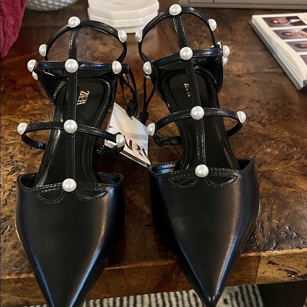 Zara Black Heels with Pearl Accents
